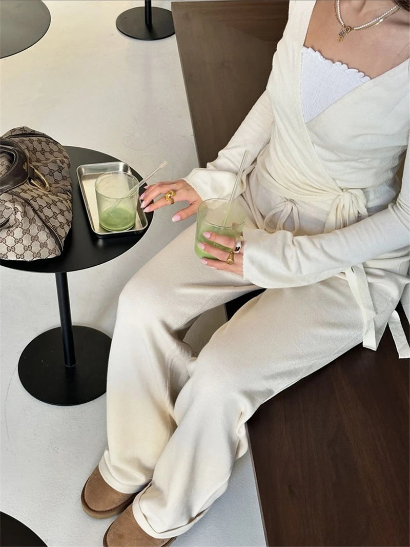 Loose Pants & Lace-Up Crop Cardigan Set