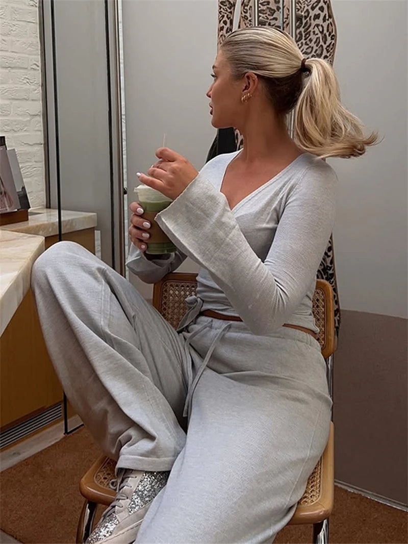 Loose Pants & Lace-Up Crop Cardigan Set