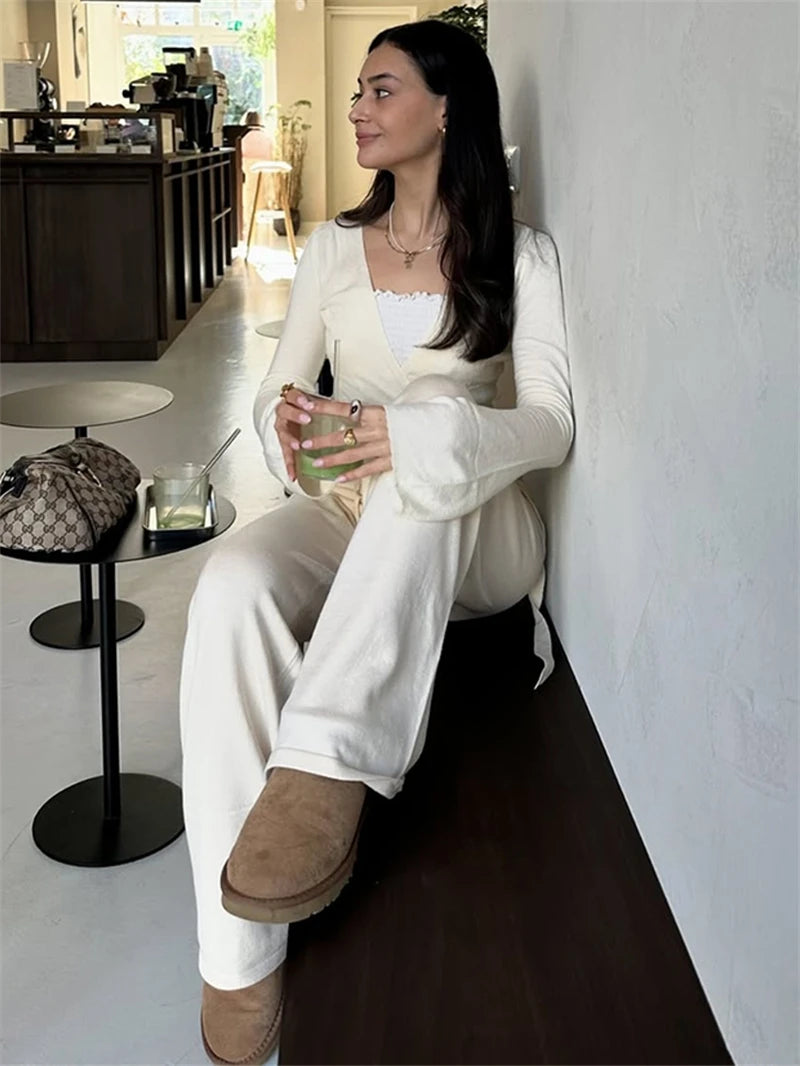 Loose Pants & Lace-Up Crop Cardigan Set