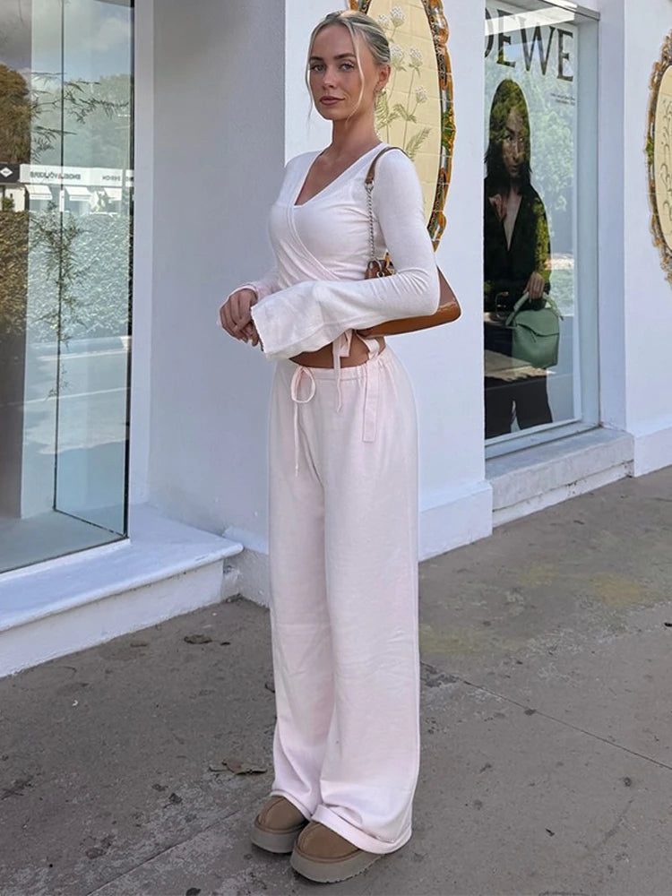 Loose Pants & Lace-Up Crop Cardigan Set