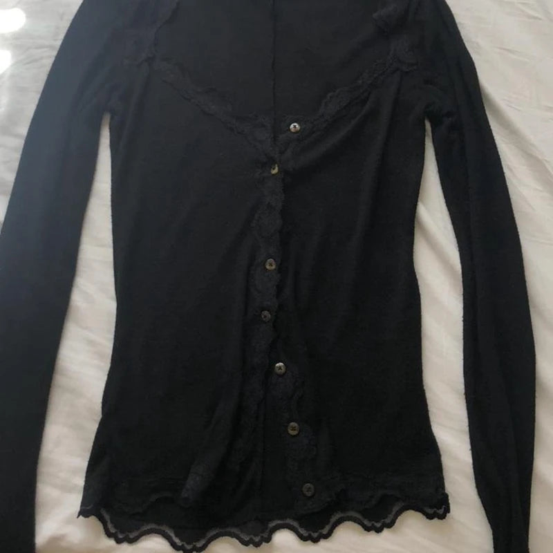 Vintage Lace Trim Black Buttoned Long Sleeve Crop Top