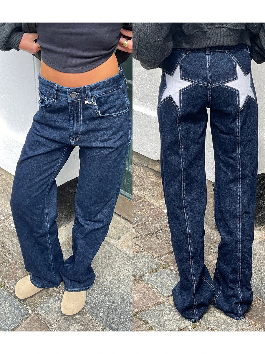 Vintage Star Pattern Loose Straight-Leg Jeans
