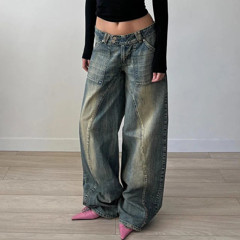 Vintage Washed Loose Fit Straight Leg Denim Jeans