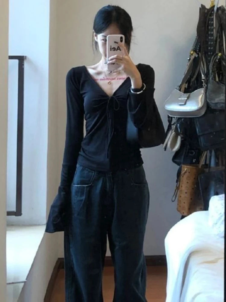 V-Neck Bandage Slim Fit Long Sleeve Top