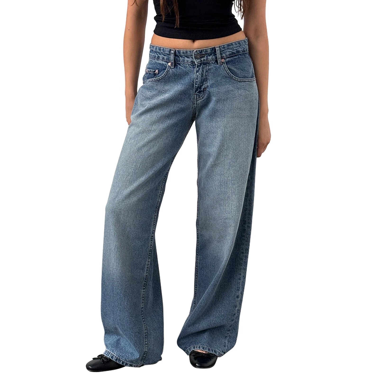 Y2K Vintage Zipper Button Low-Waist Baggy Jeans