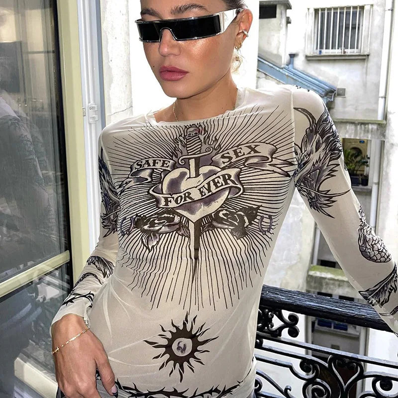 Summer Fashion Round Neck Long Sleeve Graphic T-Shirt