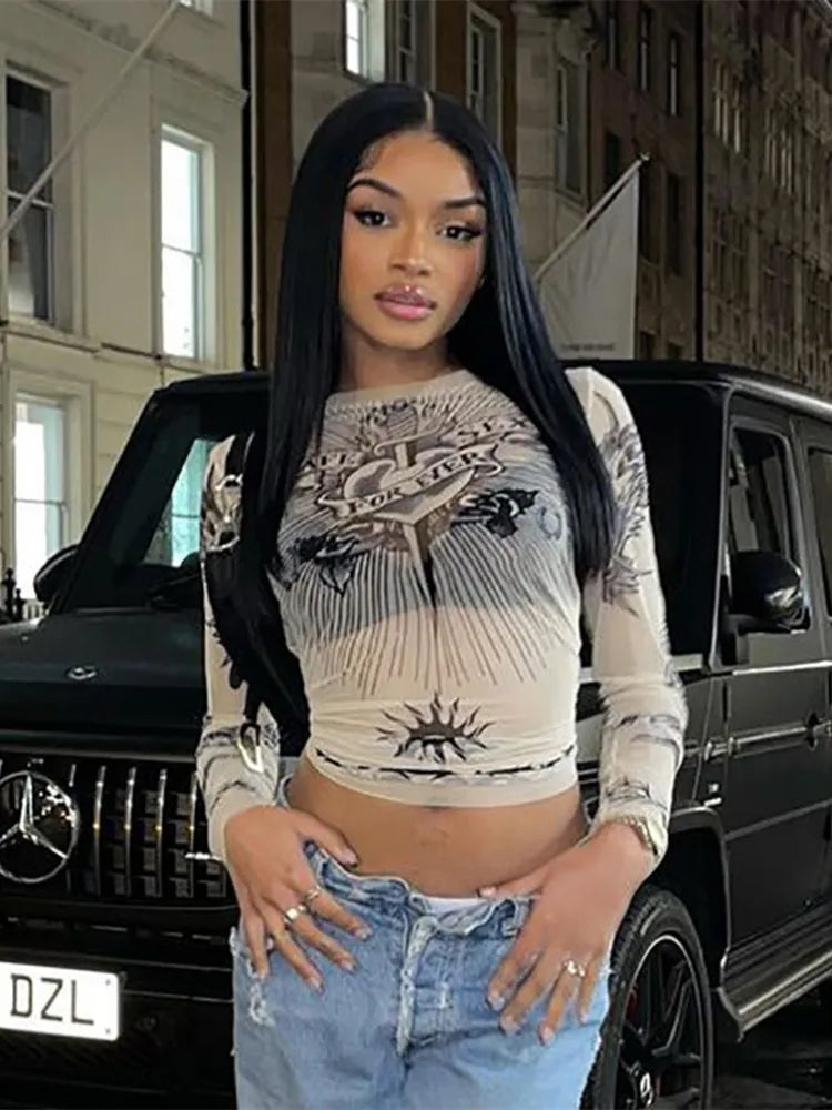 Summer Fashion Round Neck Long Sleeve Graphic T-Shirt