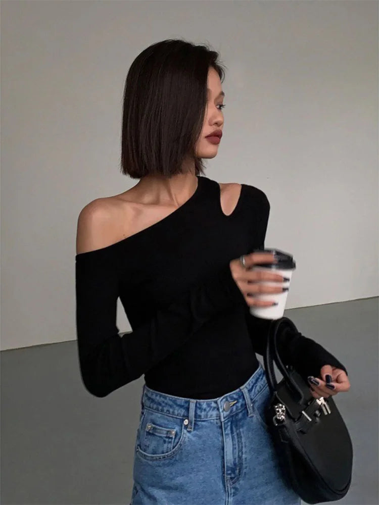 Skew Collar Off-Shoulder Slim Crop Top