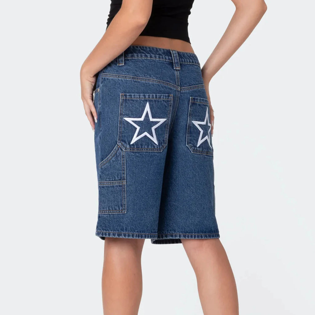 Summer Star Print Denim Knee-Length Jean Shorts