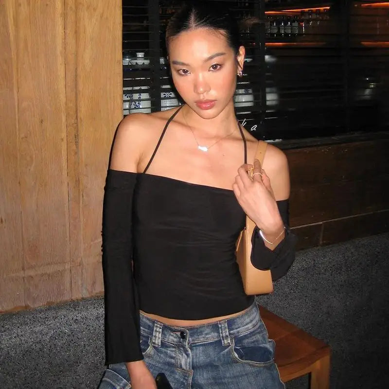 Vintage Off-Shoulder Long Sleeve Crop Top