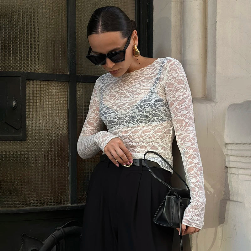Lace Hollow-Out See-Through Long Sleeve Top