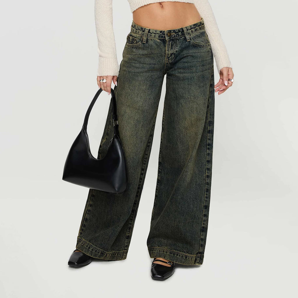 Vintage Loose Fit Bow-Print Wide Leg Jeans