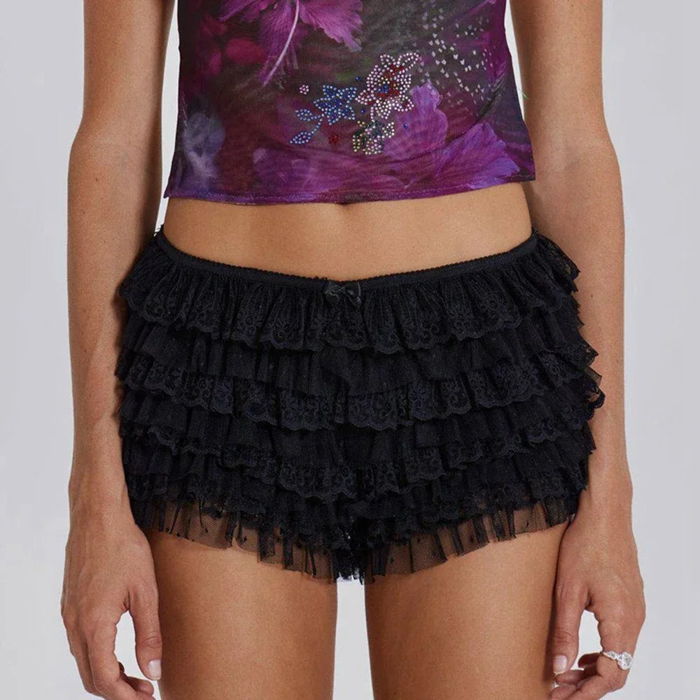 Mesh Lace Ruffled Booty Shorts