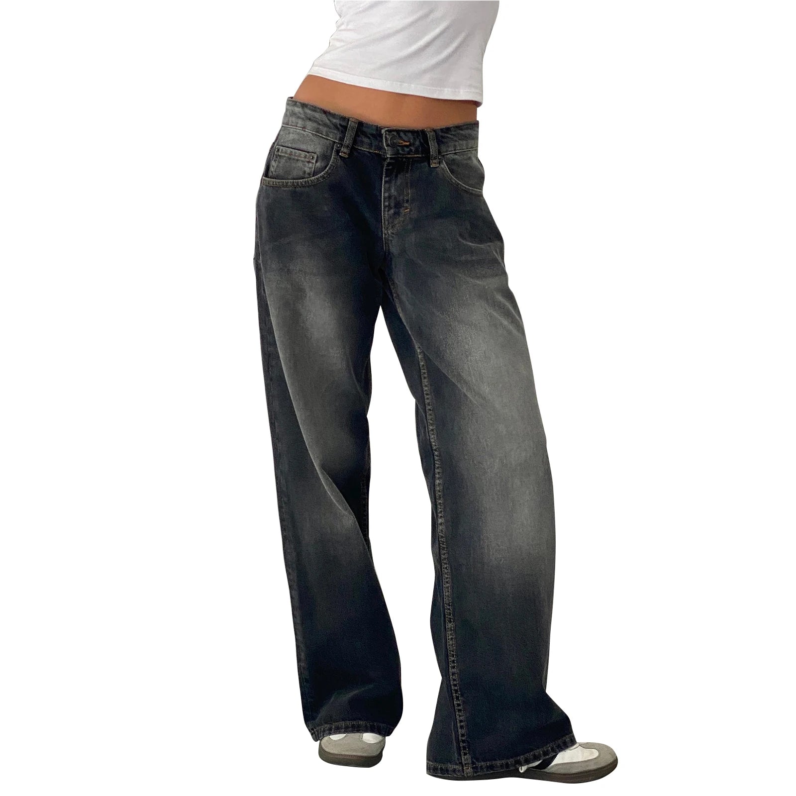 Y2K Vintage Zipper Button Low-Waist Baggy Jeans