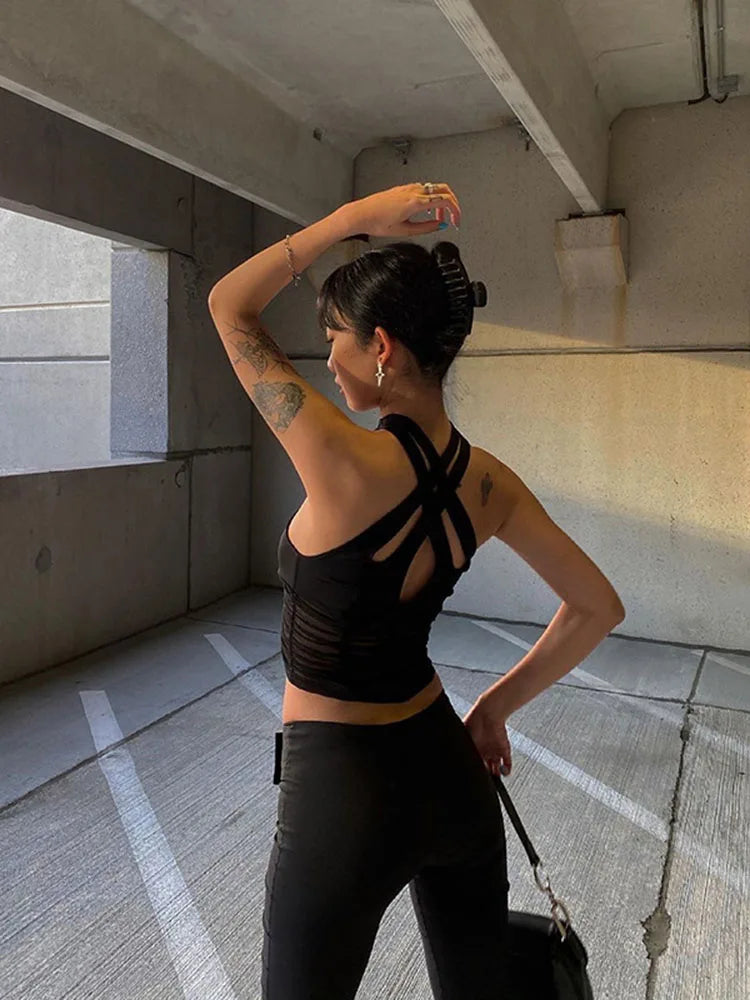 Y2K Hollow Ruched Mesh Halter Tank Top