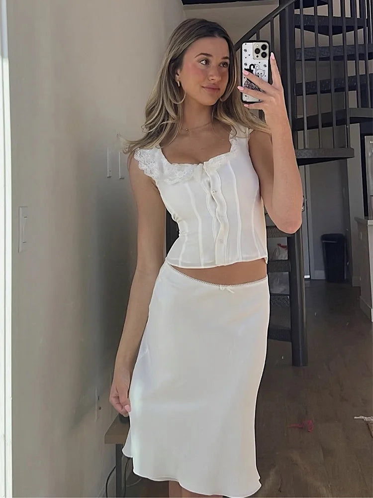 White Lace Crop Top & Midi Skirt Set
