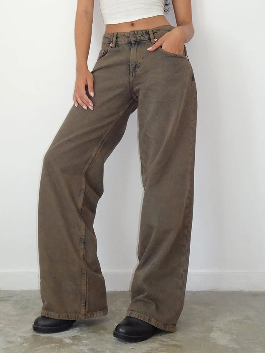 Y2K Vintage Zipper Button Low-Waist Baggy Jeans