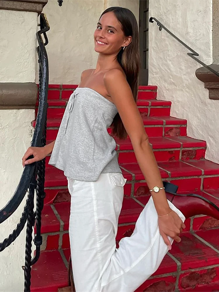 Absobe Solid Strapless Lace-Up Tube Top