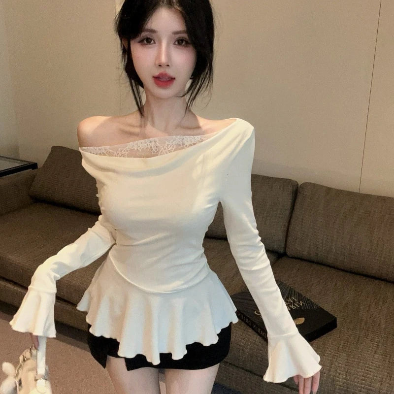 Solid Color Y2K Off-Shoulder Lace Patchwork Top