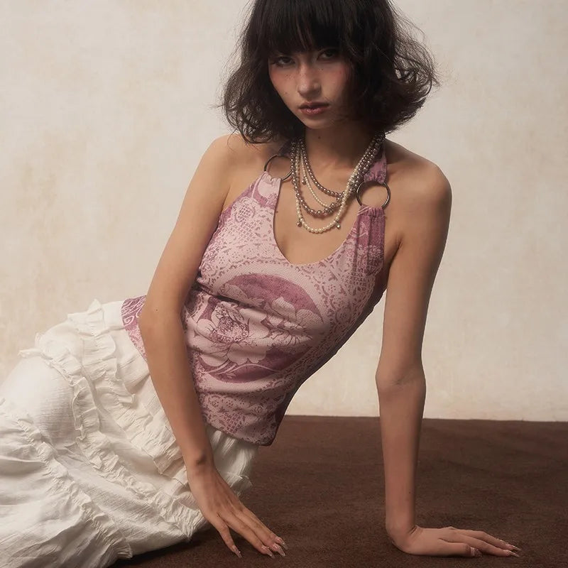 Grunge Flower Print Backless Camisole