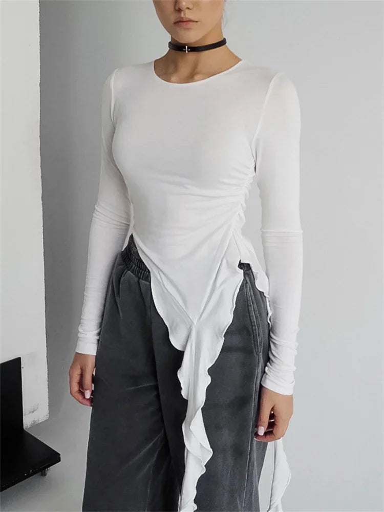 Ruffled Sheer Patchwork Knit Slim T-Shirt