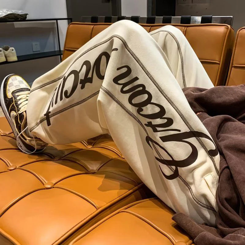 Vintage Letter Print Wide-Leg Joggers