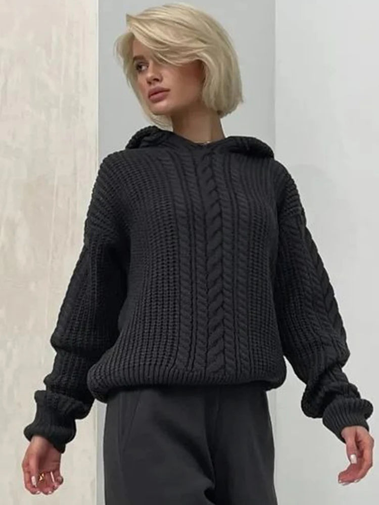 Knitted Hooded Long Sleeve Oversized Sweater