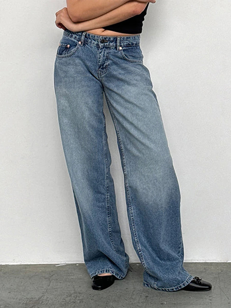 Y2K Vintage Zipper Button Low-Waist Baggy Jeans