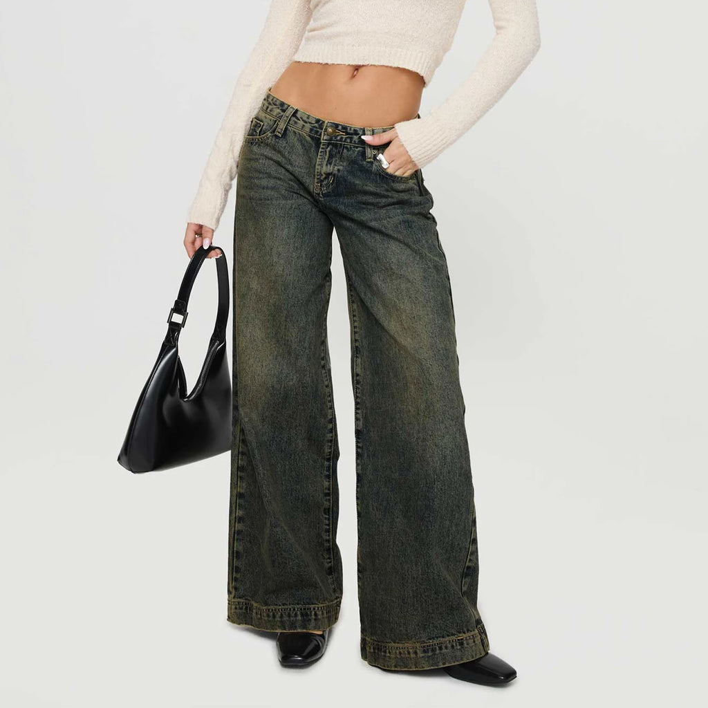 Vintage Loose Fit Bow-Print Wide Leg Jeans