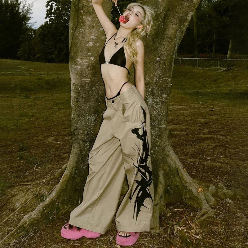 Vintage Ink Print Baggy Cargo Pants