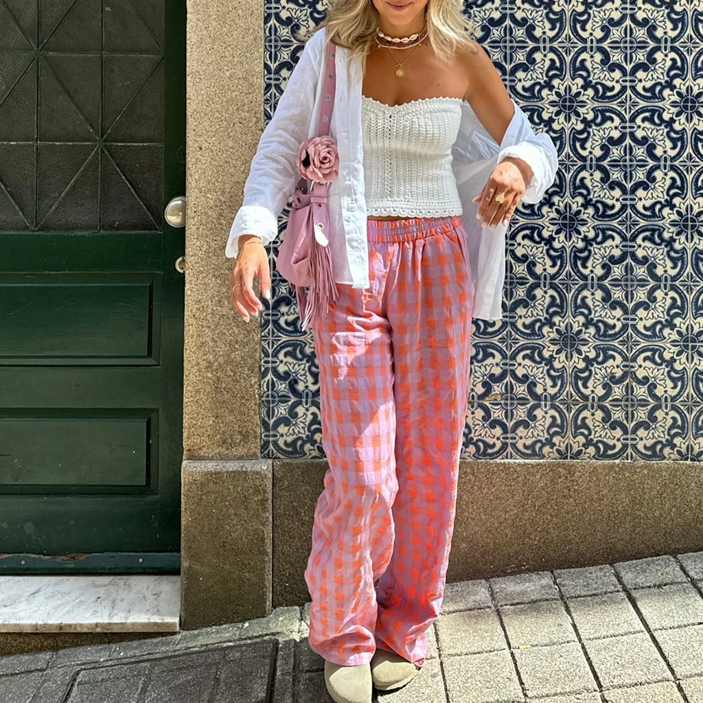 Vintage Plaid Print High-Waist Wide-Leg Pants