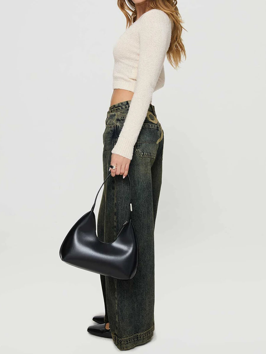Vintage Loose Fit Bow-Print Wide Leg Jeans