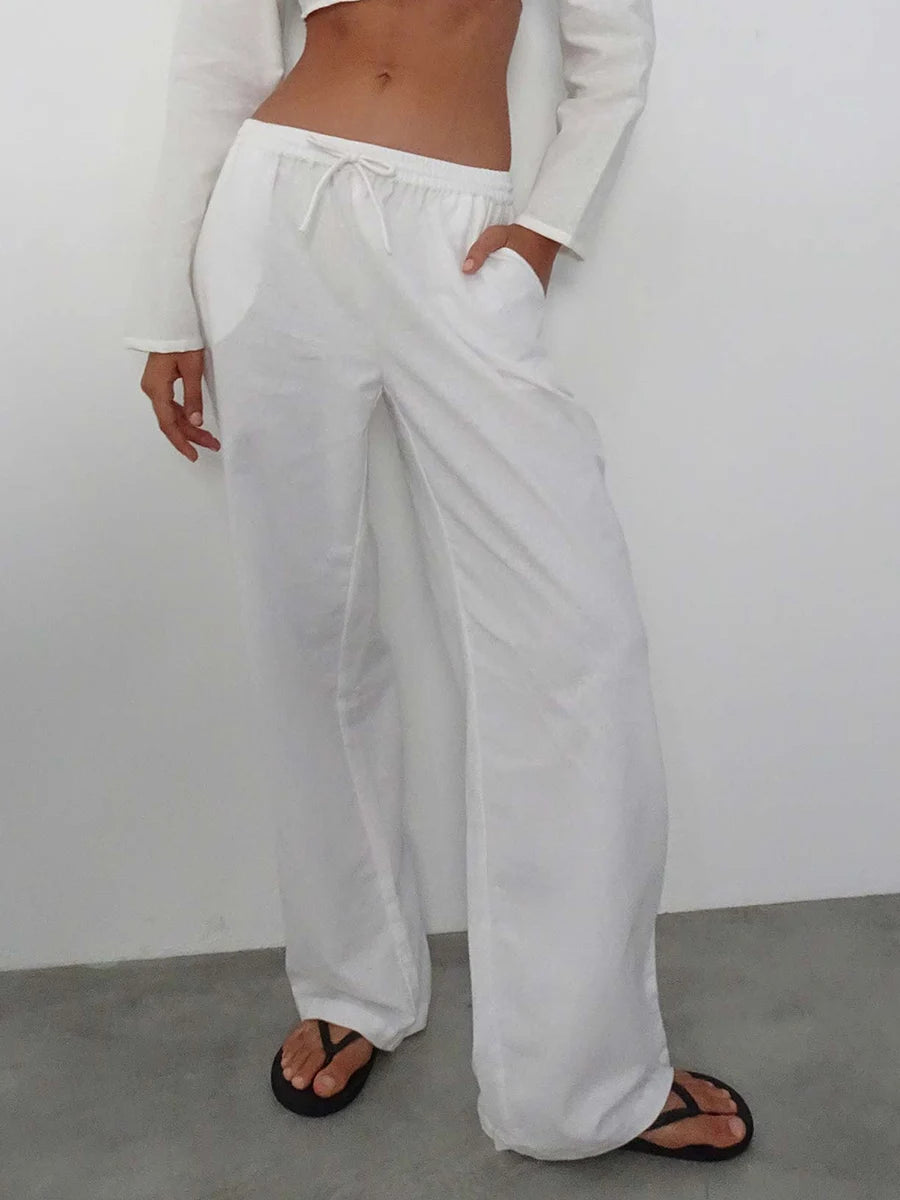 Plaid & Solid Color Wide-Leg Drawstring Pants