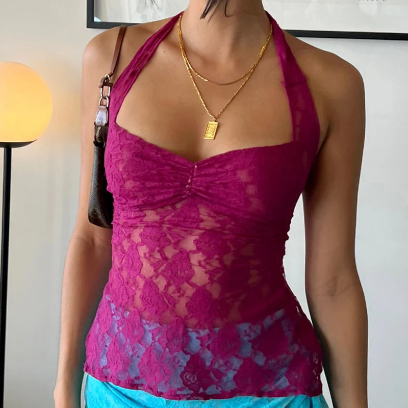 Fairycore Retro Tie-Up Floral Lace Halter Crop Top