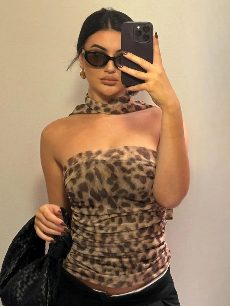 Mesh Leopard Print Scarf Strapless Draped Crop Top