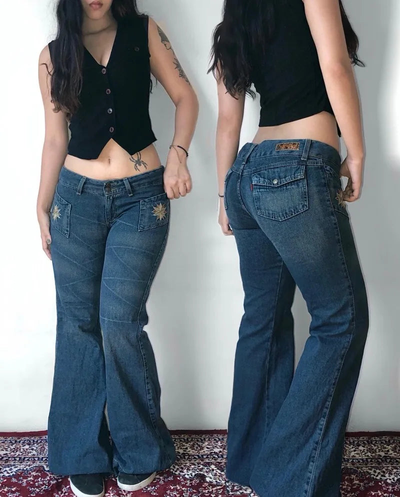 Y2K Blue Washed Embroidered Baggy Jeans