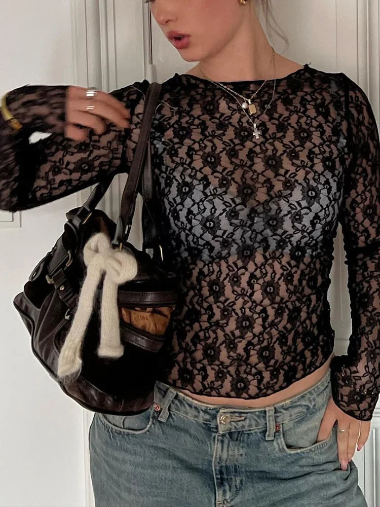 Long Sleeve See-Through Lace Crop Top