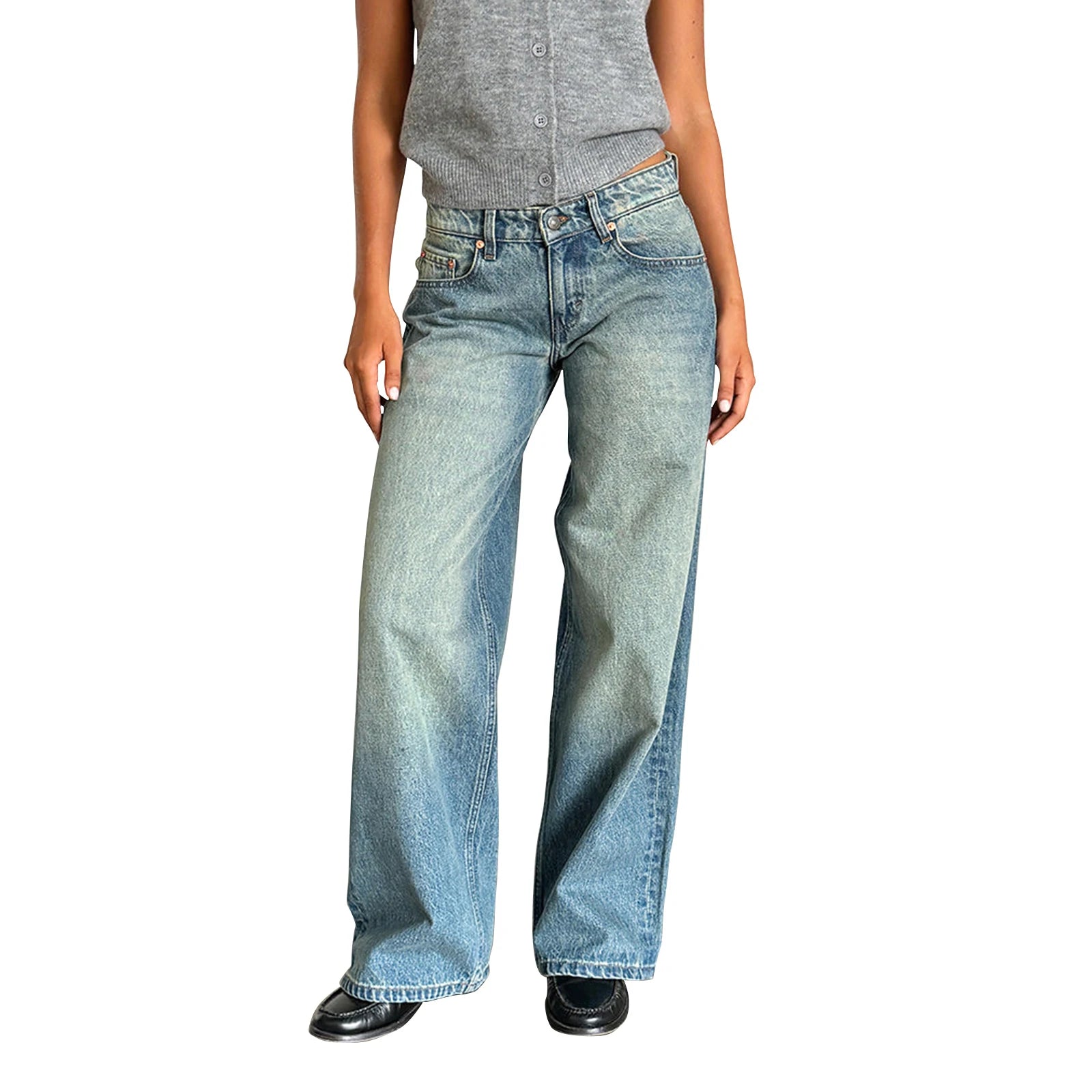 Y2K Vintage Zipper Button Low-Waist Baggy Jeans
