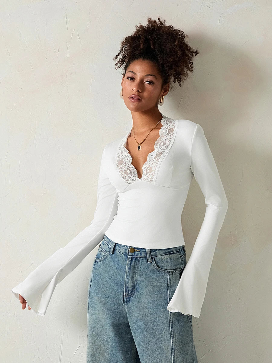 Elegant V-Neck Lace Patchwork Flared Sleeve Top