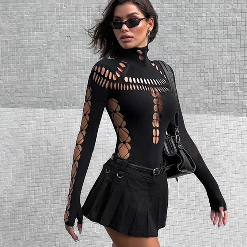 Sexy Hollow-Out High Collar Bodysuit