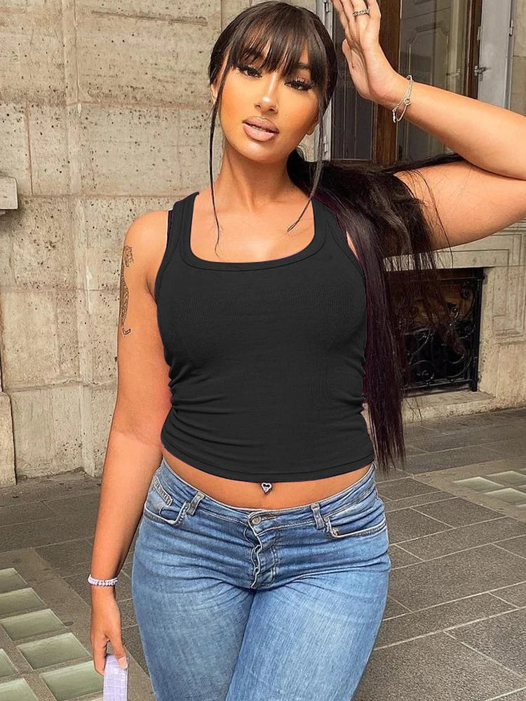 Summer Ribbed Solid Straps Crop Tank Top