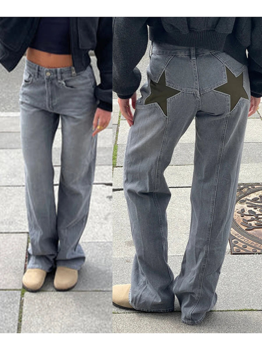 Vintage Star Pattern Loose Straight-Leg Jeans