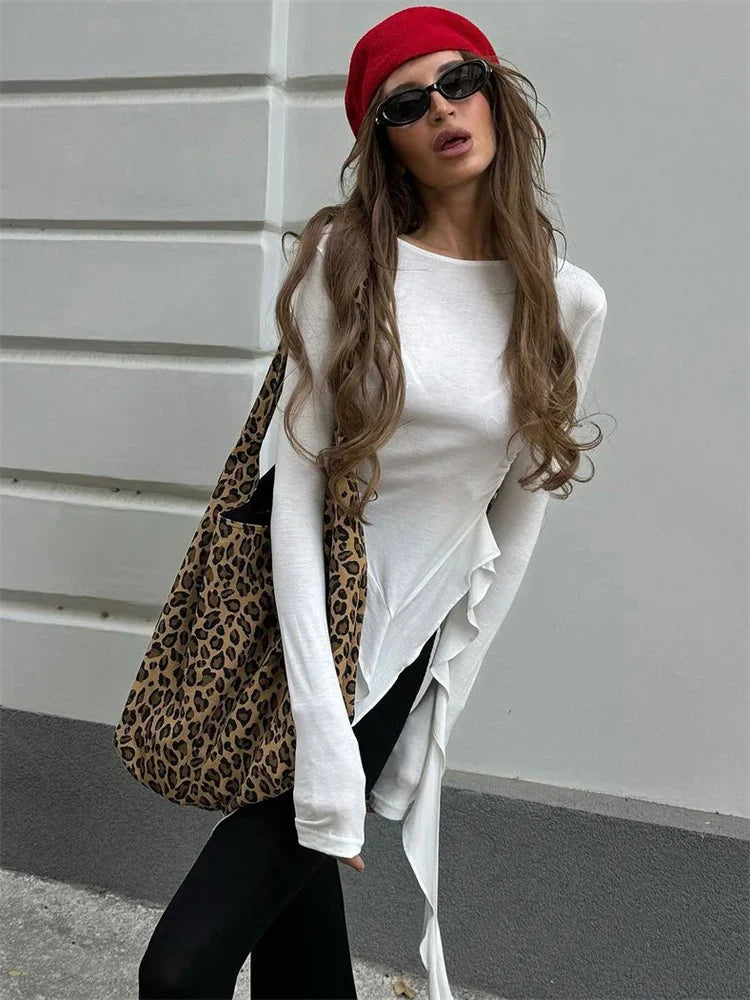 Ruffled Sheer Patchwork Knit Slim T-Shirt