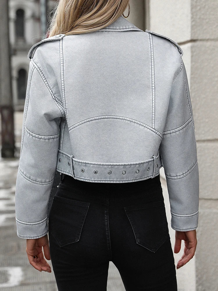 Grey Leather Crop Jacket