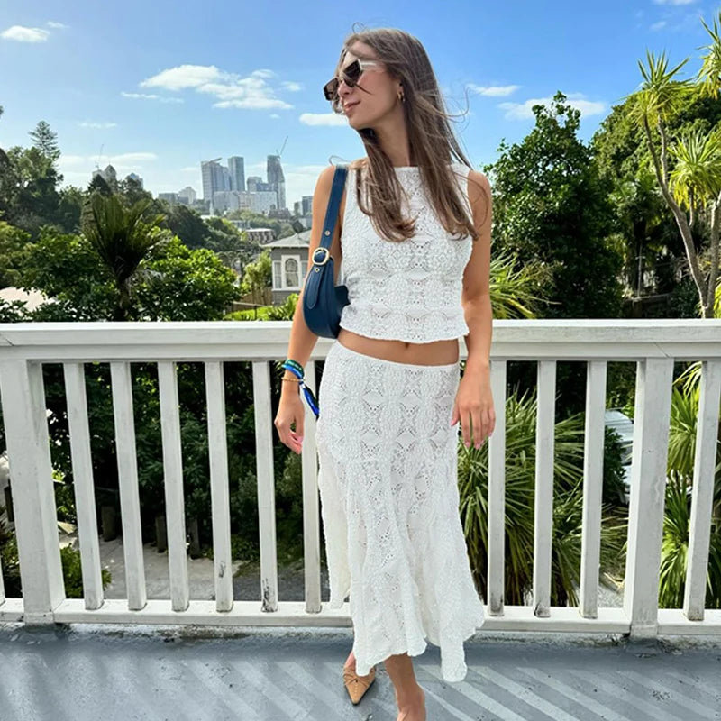 Sleeveless Lace Top & White Skirt Set