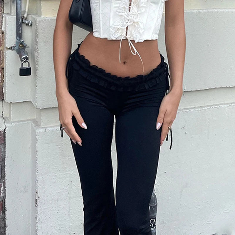 Goth Dark Y2K Ruffled Bandage Bootcut Pants