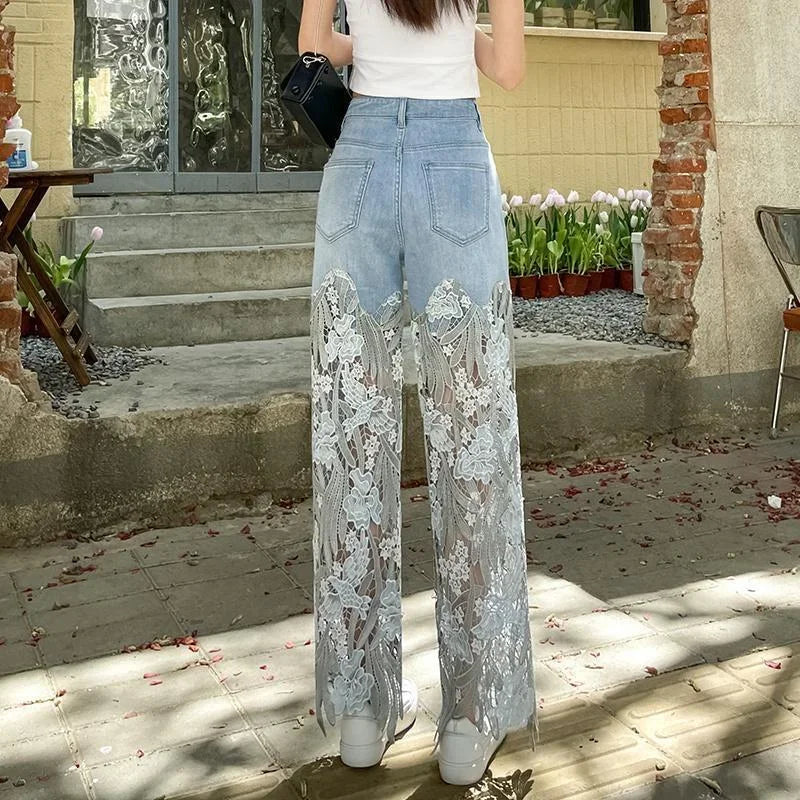 Grunge Lace and Rhinestone Straight-Leg Capris