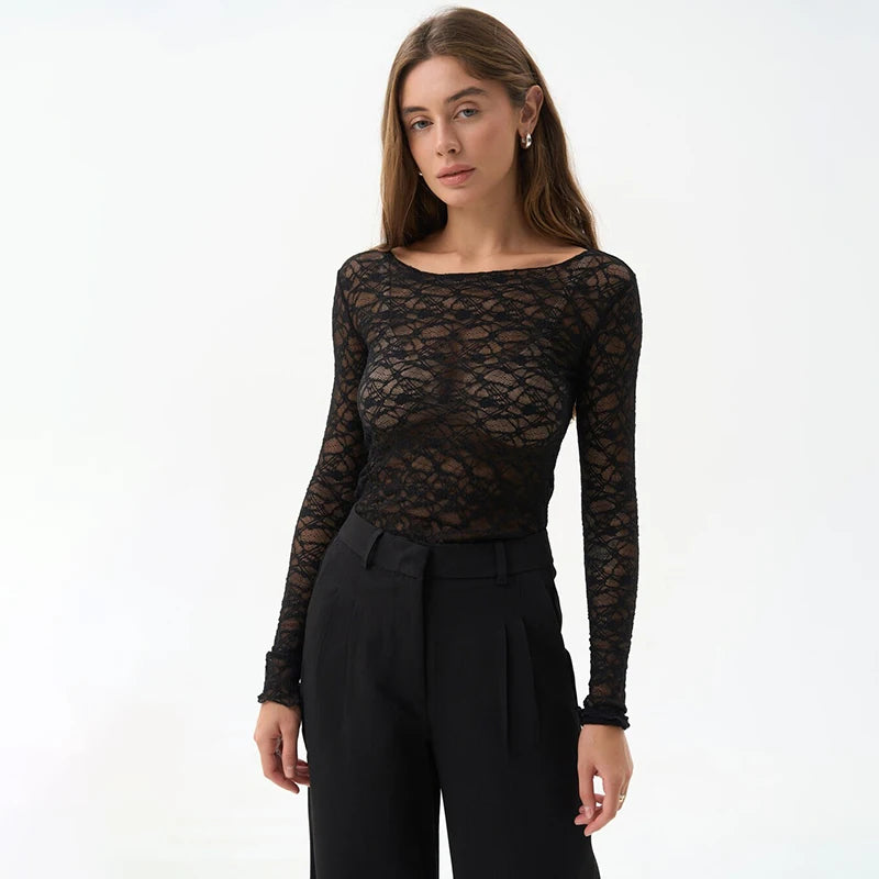 Lace Hollow-Out See-Through Long Sleeve Top
