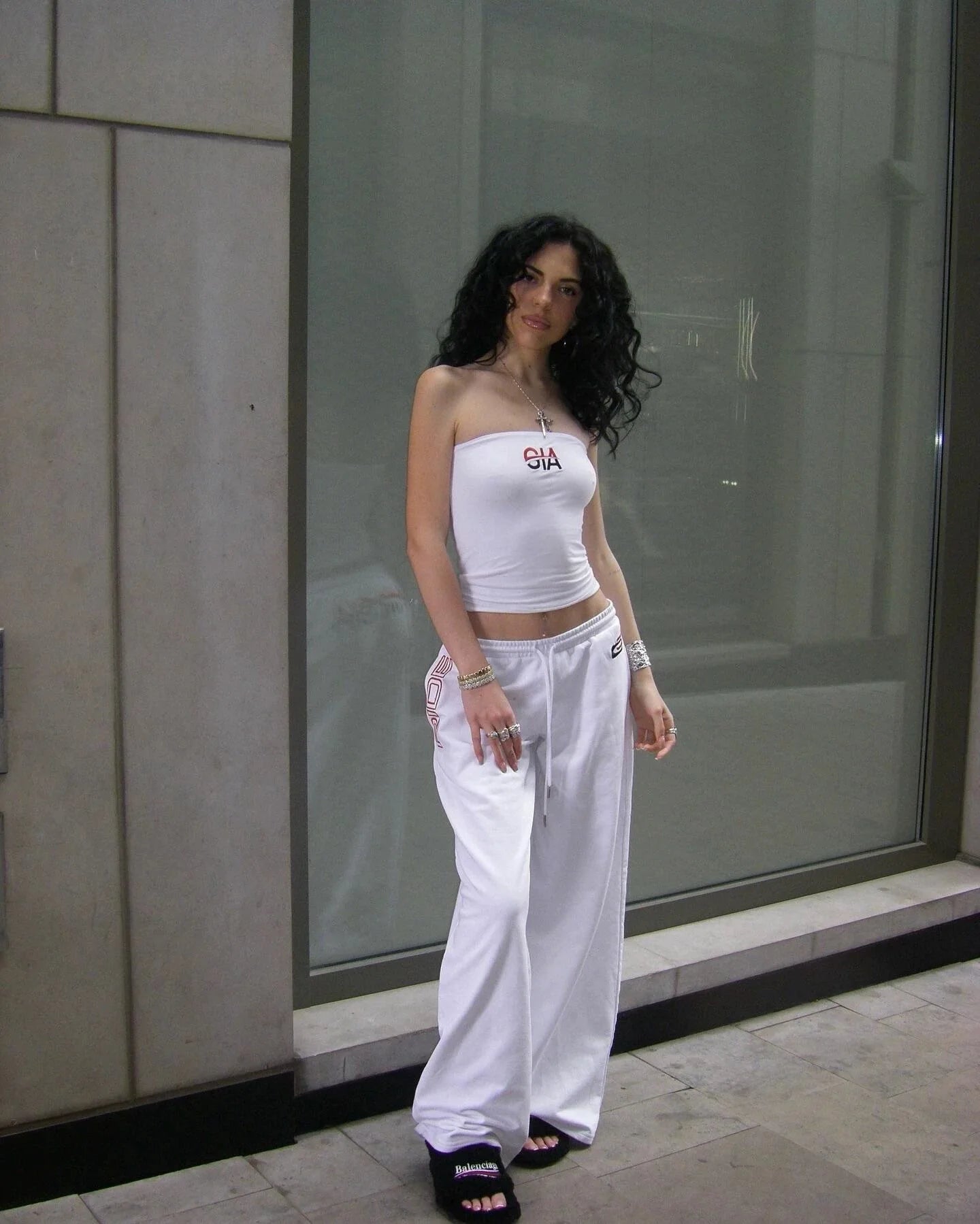 White Strapless Top & Embroidered Low-Rise Sweatpants