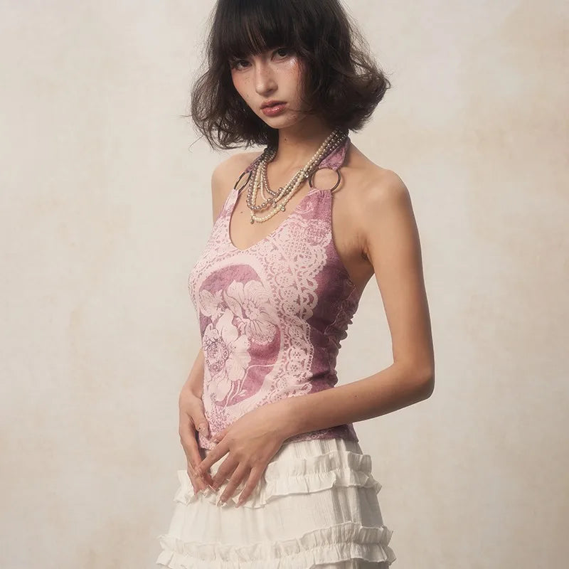 Grunge Flower Print Backless Camisole